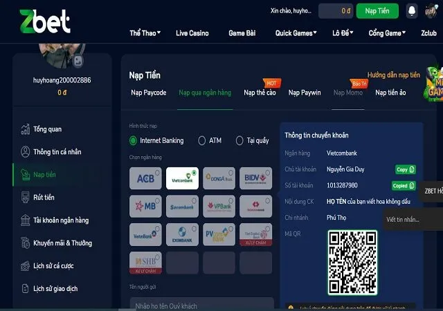 Hướng dẫn nạp tiền vào tài khoản cá cược Zbet